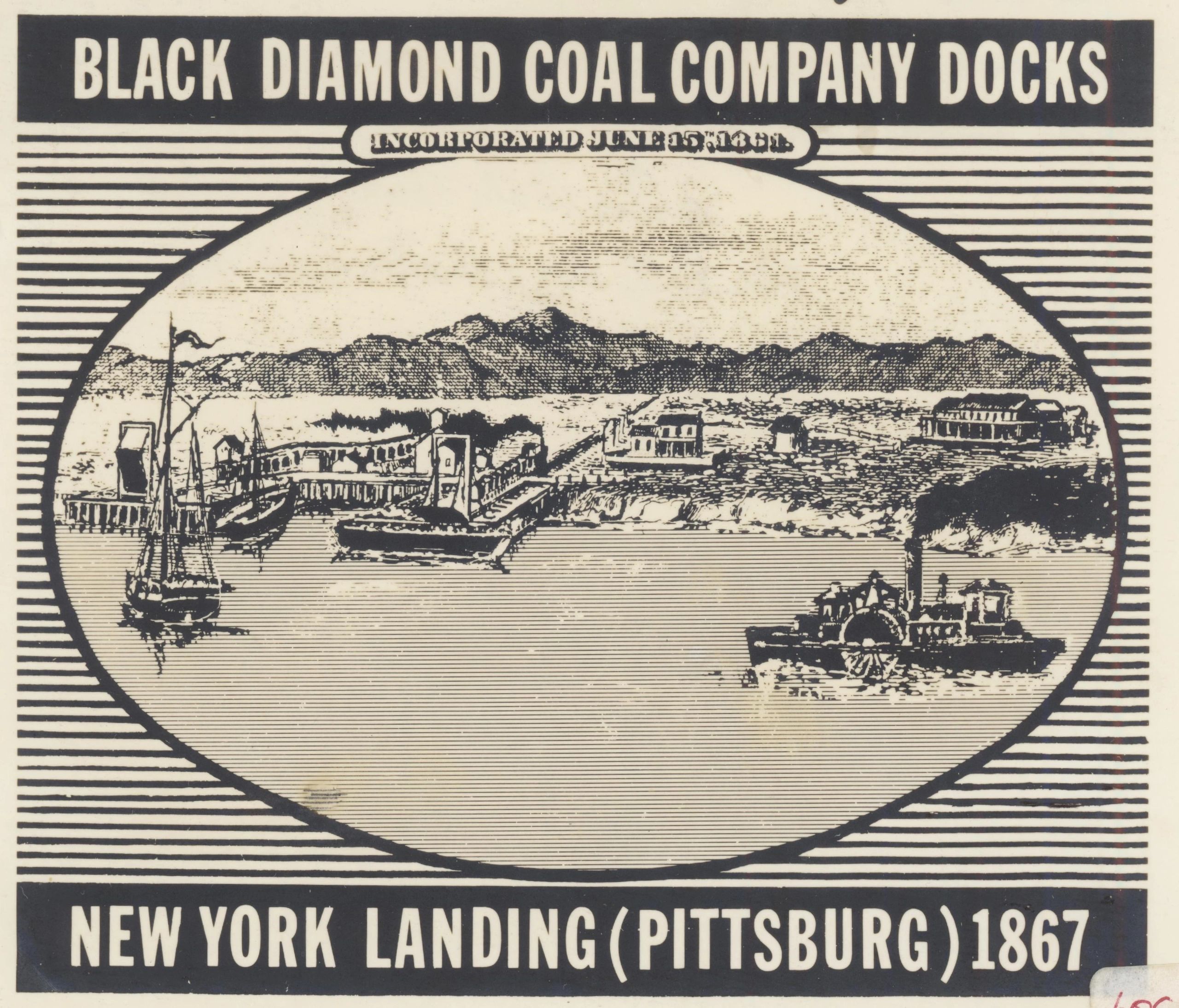 Historical illustration of Black Diamond Coal Company docks at New York Landing, 1867