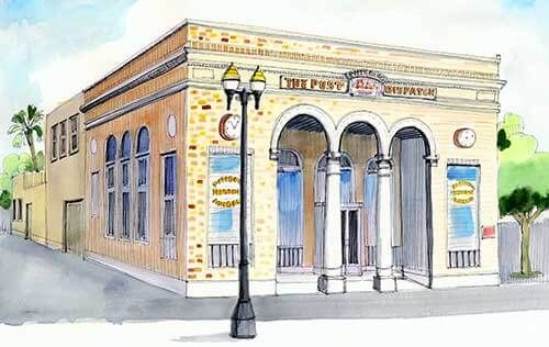 Watercolor illustration of the historic Pittsburg bank building